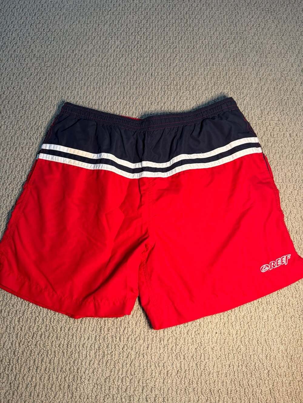Reef Mens Red and Navy Swim Trunks with White Stripes, Size L